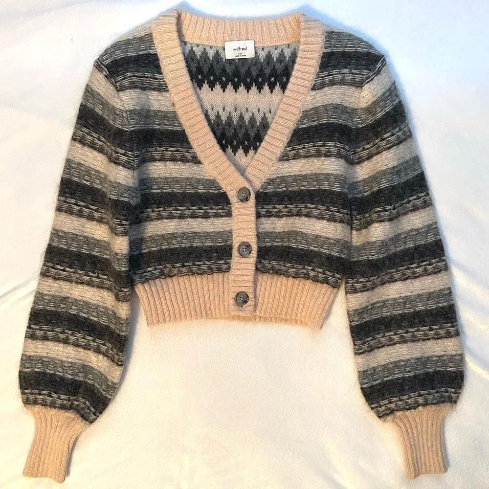 Wilfred Aritzia Striped Cadence Mohair Wool Cropped Cardigan Sweater XXS Womens